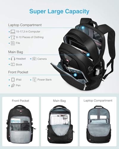 HOMIEE Travel Laptop Backpack Mens,17.3 Inch Laptop Rucksack,Womens Large Daypack Anti-Theft Business Work Computer Bag with USB Charging Port 38L Waterproof College School Bag Black — view 3