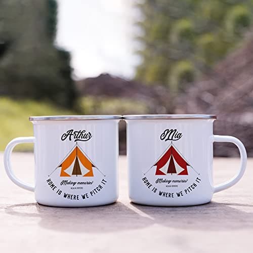 Tent Enamel Camp Mug | Personalised Camper Gift | His and Hers | Couple Travel Present | Accessories Camping | Home is Where We Pitch It — view 2