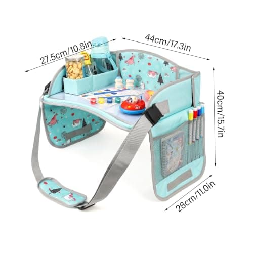Kids Travel Tray Large Car Seat Tray Foldable for Girls Boys, Green, Drawing Board with Storage Pockets — view 2