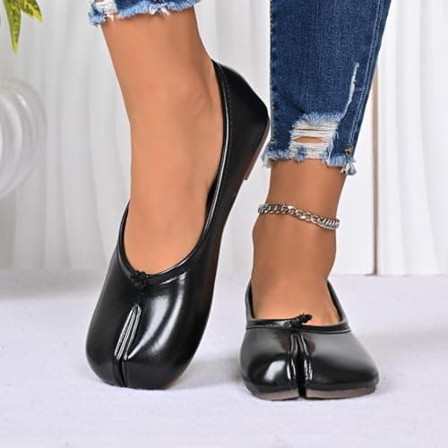 Women's Split Toe Shoes Casual Slip-On Dance Shoes Lightweight Solid Color Japanese Style Walking Shoes Comfortable Wide Width Footwear for Ladies Work Travel Holiday Beach Daily Wear (Black, 6 UK) — view 2