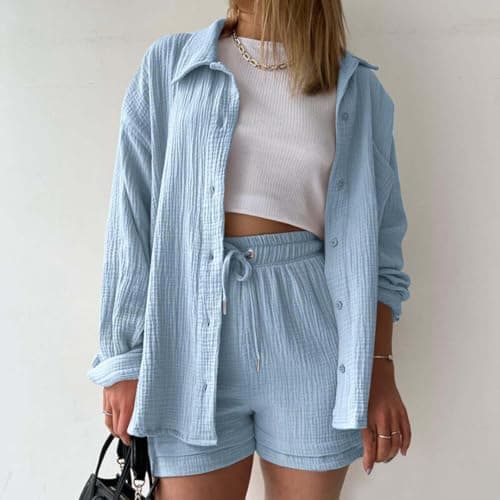 Two Piece Outfit Women Summer Co Ord Sets Cotton Linen Short Sleeve Button Down Sports Shorts with Pockets Casual Tracksuit Tunic Drawstring Sweatpants Travel Going Out Outfits Light Blue — view 4