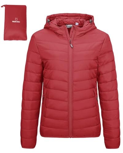 Outdoor Ventures Women's Winter Lightweight Puffer Jacket with Hood, Warm, Short, Packable, Quilted, Transitional, Padded Jacket for Ladies, Lined for Hiking, Travel Red 2XL