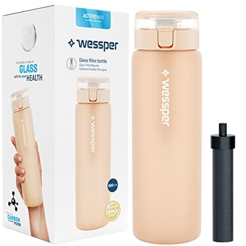 Wessper Water Bottle Borosilicate Glass, Water Bottle BPA-free with Filter 680 ml + Activated Carbon Filter Straw | for Family Life, Camping, Yoga, Fitness, Outdoor – Beige