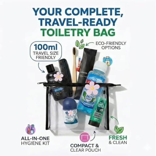 Men's Travel Toiletries Set with Clear Toiletry Bag – Airport Approved Travel Kit with Shampoo, Shower Gel, Toothpaste, Mouthwash, Toothbrush & Roll-On Deodorant, Travel Essentials for Holidays — view 2
