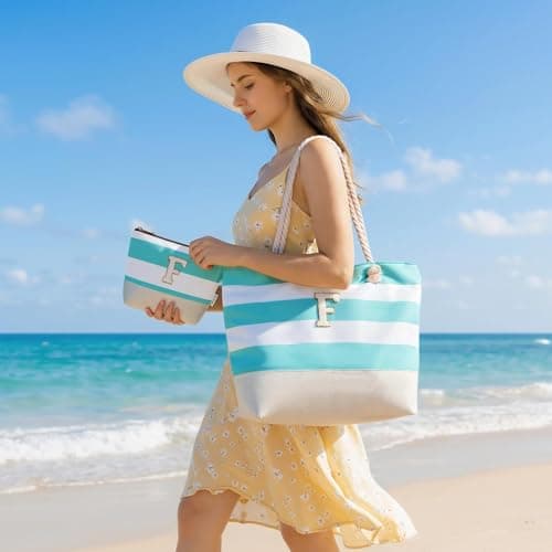 Vavabox Initial Beach Bag with Zip＆Pockets, Personalised Gifts for Women(L) — view 2