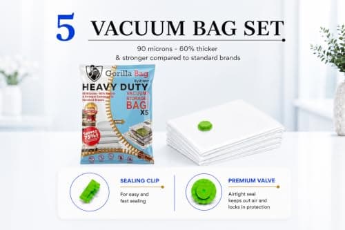HEAVY DUTY 5 VACUUM STORAGE BAGS by Gorilla Bags, Extra Large 100x80cm. Extra Strong 90 Microns. Double Zip Seal & Unique Turbo Valve Keeps Items Compressed For Longer. — view 3