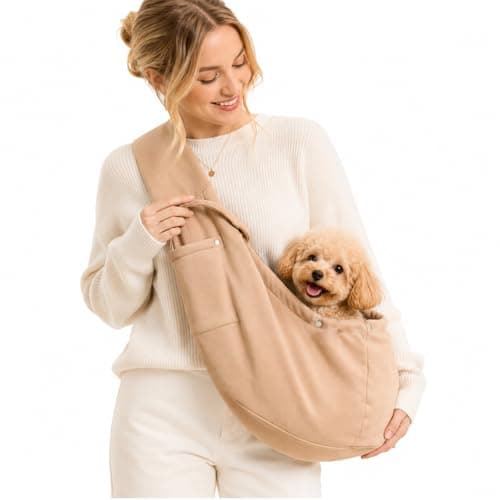 Beige Dog Sling Carrier for Small Pets up to 7.5kg - Adjustable Hands-Free Shoulder Bag with Ergonomic Strap, Secure Clip, Front Zipper Pocket for Comfortable Travel, Outdoor Walks
