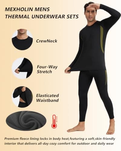 Mexholin Men's Thermal Underwear Mens Thermal Base Layer Set Long Sleeve Top & Bottom Winter Warm Quick Dry Long Johns for Workout Skiing Running Black/Navy L — view 6