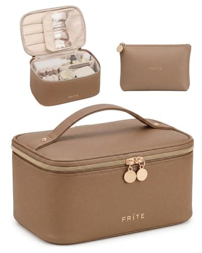 Prite Makeup Bag Toiletry Case for Women with Brush Holder, Beige, 2Pcs Set