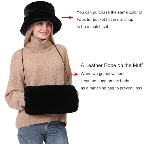 Rulala Fancy Faux Fur Hand Muffs for Women Winter Warm Arm and Hand Warmer with PU Leather Strap Include Pockets, Black, 13.8 * 7.88 — view 4
