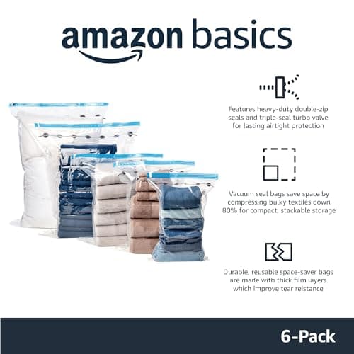 Amazon Basics Multiple Vacuum Compression Zipper Storage Bags with Hand Pump, 6-Pack (2 Jumbo, 2 Large, 2 Medium), Transparent — view 2