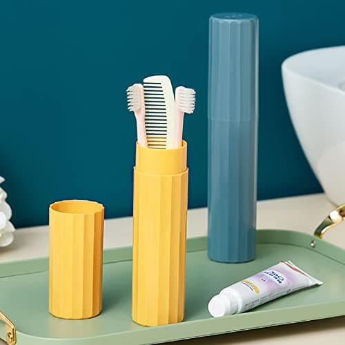 2 Pcs Travel Toothbrush Case, Portable Toothbrush Holder Travel with Cover, Waterproof Toothbrush Travel Case for Home, School, Camping, Business Trip (Blue & Yellow) — view 4