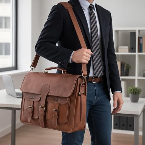 KPL 18 INCH Leather Briefcase Laptop Messenger bag best computer satchel Handmade Bags for men and women — view 3