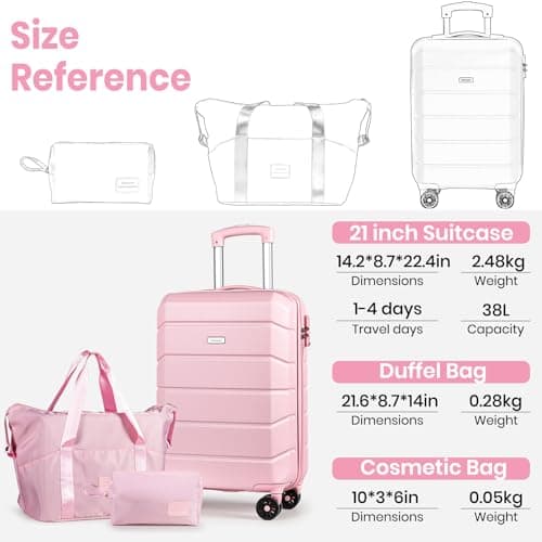 H.yeed Luggage Sets of 3 Piece, Lightweight Trolley Travel Suitcase Set ABS Hard Shell with 4 Spinner Wheels TSA Lock for Man Women, 21" + Duffels Bag & Toiletry Bag, Pink — view 3