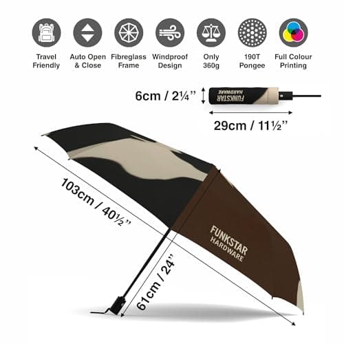Funkstar Hardware® Compact folding umbrella | Farmhouse funk design | Windproof 8-rib fiberglass | Auto open & close | Waterproof | Fits in a bag | Novelty gift — view 3