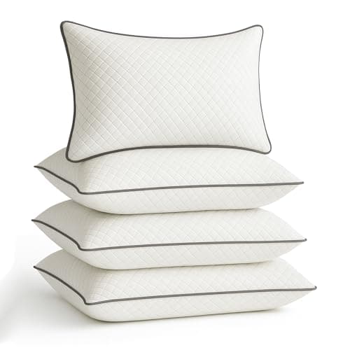 Ultrasonic Quilted Grey Pipiing Hollowfibre Pillows 4 Pack – Luxury Firm & Plump Bed Pillows for Sleeping, Hypoallergenic Down Alternative Bounce Back, Side & Stomach Sleepers, Dust Mite Resistant