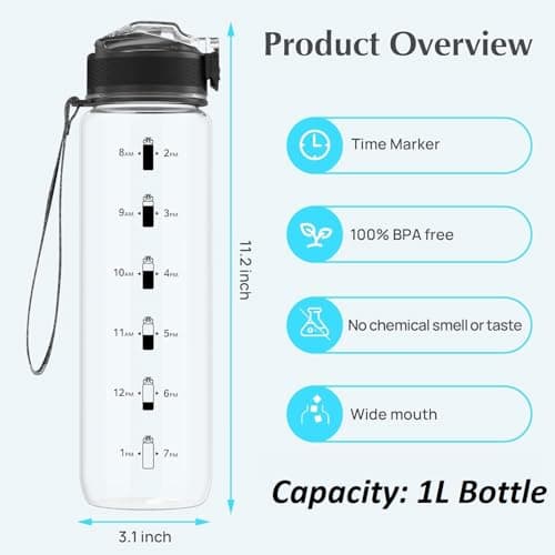 EYQ 1L Water Bottle, 1 Litre Water Bottle with Straw, 32oz Leak-Proof Motivational Sports Drinks Bottle with Time Marker, Tritan BPA-Free, Drinking Waterbottles for Gym Outdoor Sports — view 2
