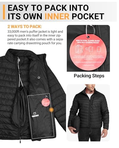 33,000ft Mens Winter Lightweight Jacket Warm Short Packable Puffer Jacket Transitional Padded Jacket Quilted Jacket for Men Lined for Hiking Travelling Pure Black XL — view 2
