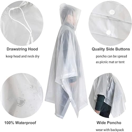 UPSEN Rain Ponchos for Adults, 2 Pcs Reusable Raincoats Coats Jackets Emergency for Women Men with Hood, White — view 3