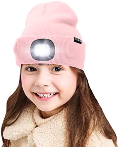 ATNKE Kids LED Lighted Beanie Cap, USB Rechargeable 4 LED Headlamp Waterproof Winter Warmer Knit Night Hats with Light for Boys Girls/Light Pink