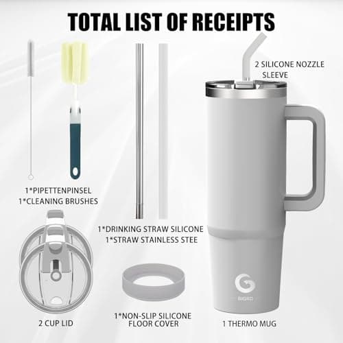 BIGRD 890ml Insulated Coffee Cup Travel Mug Double-Walled Stainless Steel Vacuum Leak-Proof Drinking Cup with Handle and Straw Thermal Tumbler,Grey — view 6