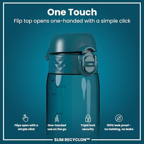 Ion8 Water Bottle, 500 ml/18 oz, Leak Proof, Easy to Open, Secure Lock, Dishwasher Safe, BPA Free, Hygienic Flip Cover, Carry Handle, Fits Cup Holders, Easy Clean, Carbon Neutral, Half Cut Deep Teal — view 3