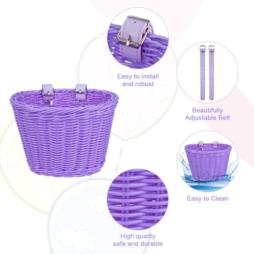 Flintronic Kids Bike Basket Handwoven Cycle Basket for Kids, Bicycle Basket For Girls Boys Childs, with Bike Accessories - Purple — view 3