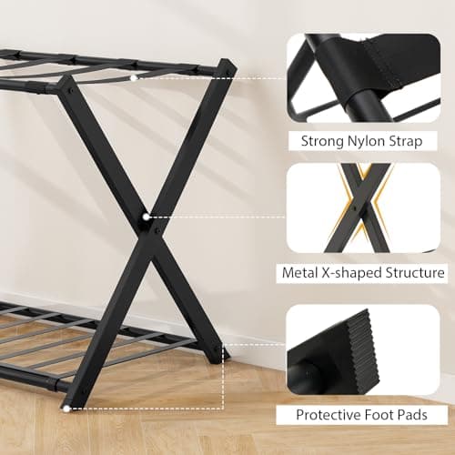 COSTWAY 1 x Luggage Rack, Metal Folding Suitcase Stand with Shoe Shelf, 2-Tier Portable Backpack Luggage Holder Storage Organizer Unit for Bedroom, Guest Room and Hotel, 68 x 45 x 57cm (Black) — view 4