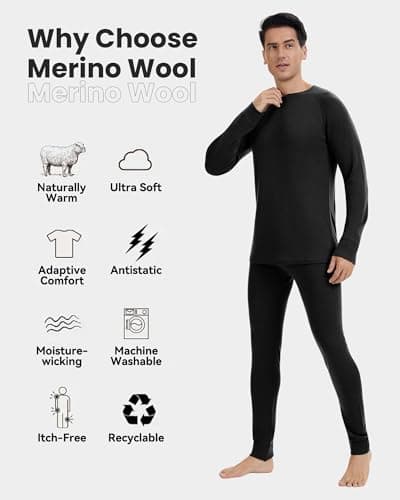 Men's 100% Merino Wool Base Layer Set Lightweight Black M — view 2