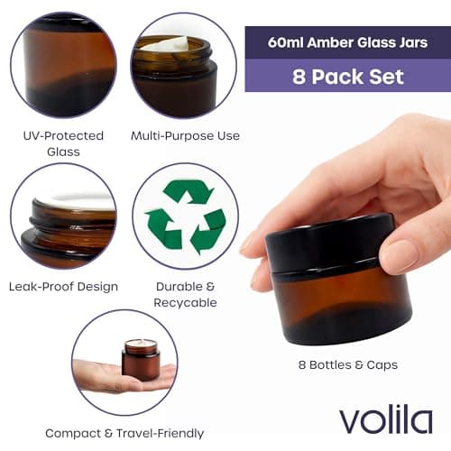 Amber Glass Jars - 8 Pack (60ml) with Lids - Brown Travel Cosmetic Containers with Spatula - UV Protection for Powder, Lotion and Cream — view 4