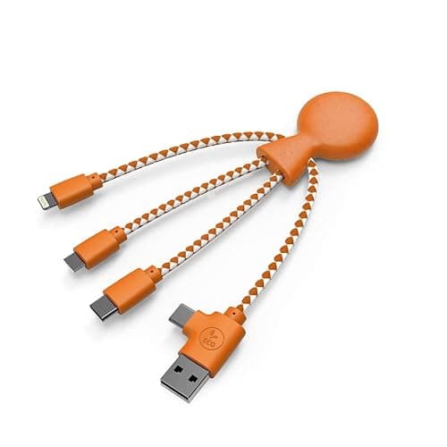 Xoopar – 4-in-1 Multi USB Cable in Octopus Shape – Universal Charger Made of Recycled Plastic – USB, USB-C, Lightning, Micro USB – Compatible with All Smartphones – Mr. Bio Orange