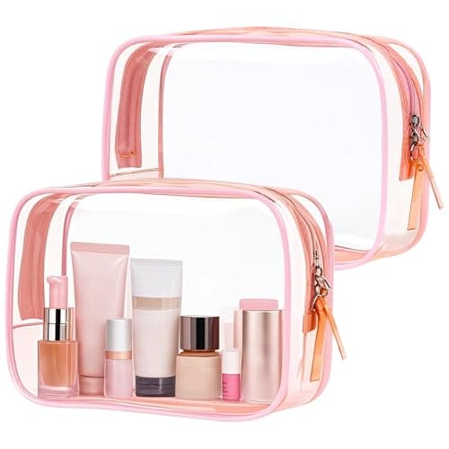 PLULON 2 Pack Travel Toiletry Bag, TSA Approved Toiletry Bag Clear Makeup Bag Quart Size Portable Cosmetic Bags Carry on Travel Accessories Bag for Women Men - Pink