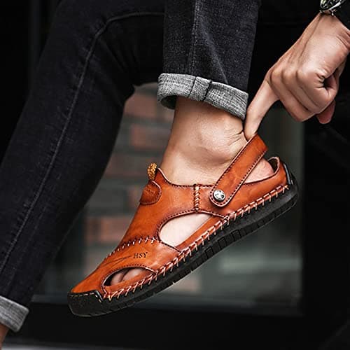 Rojeam Mens Casual Synthetic Leather Sandals Closed Toe Beach Slippers Flat Shoes Summer Sandals for Hiking Trekking, Brown, 8.5 UK — view 2