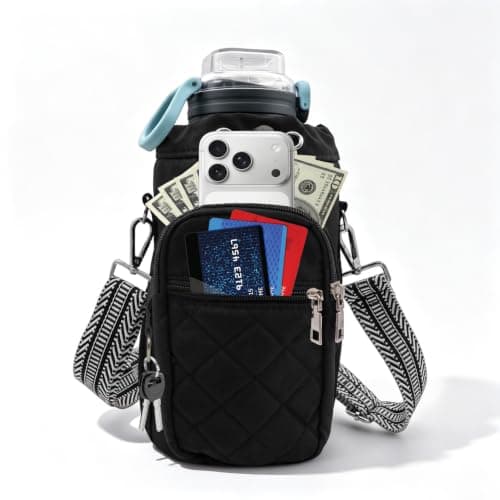 Deposhion Water Bottle Carrier Bag Crossbody Phone Pocket for Women 40oz (Black)