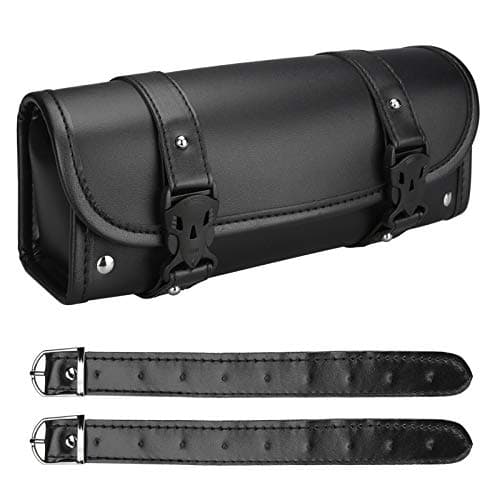 Wiipara Motorcycle Saddle Bag - Handmade PU Leather Handlebar Tool Bag, Round Barrel Shape Waterproof Roll Pouch With Straps for Scooter Front or Side (Large)