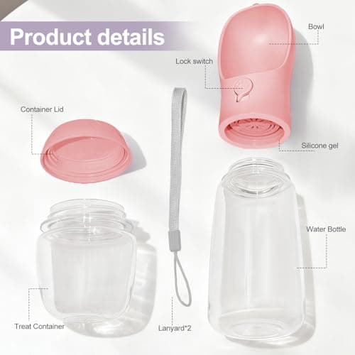 Dog Water Bottle 3in1 Portable Drink Bottle Bowl with Food Container Pink — view 3