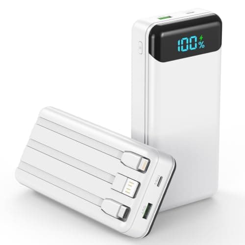 Power Bank 27000mAh,QC4.0 22.5W Fast Charging Portable Charger with Built-in 3 Cables, 4 Outputs & 3 Inputs Powerbank with LED Display for iPhone, Tablets and More White