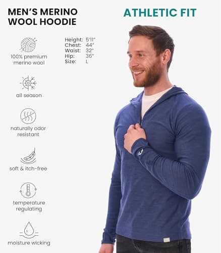 100% Merino Wool Base Layer Men Lightweight Hoodie, Merino Wool Long Sleeve (Windsor Blue, M) — view 2