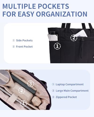 Wandering Nature Tote Bag for Women with Zip Large Capacity Shoulder Handbag with 15.6 Inch Laptop Compartment and 40oz Water Bottle Pocket for Work School Travel, Black (Patent Pending) — view 6