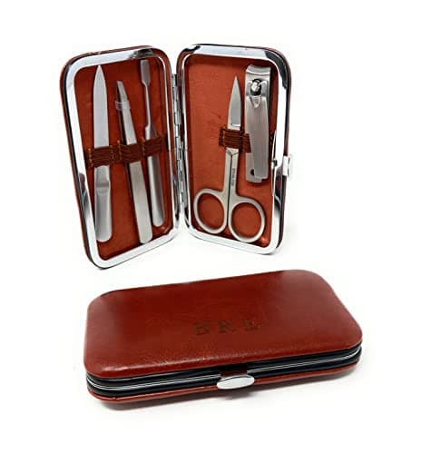 Personalised Male Travel Brown PU Leather Manicure Grooming Gift Set - Engraved Mens Gift