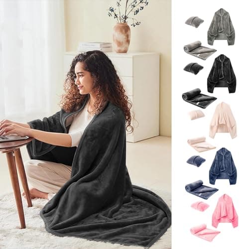 Travel Blanket and Pillow, Premium Soft 2-in-1 Folding Travel Blanket, Multifunctional Shawlable Flannel Poncho Blanket, Car Blanket for Women, Men (Pink) — view 4