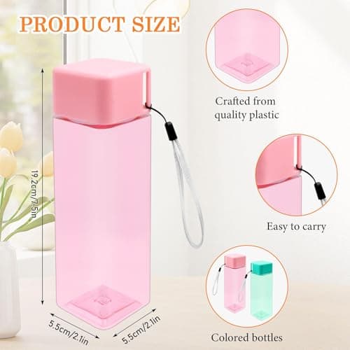 ASMIZ 20 Pack Plastic Water Bottle Bulk for Kids, 500ml Sport Water Drink Bottle, Reusable Lightweight Leakproof Beverage Bottles with Handle Strap for School, Gym, Outdoor Fitness, Travel - Square — view 3