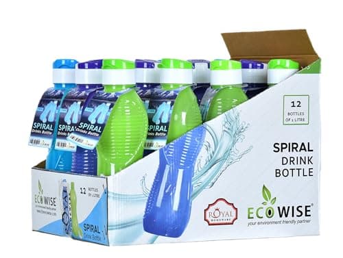 EcoWise Reusable Plastic Water Bottles - 1 Litres, 12-Pack, Drinking Juice Spiral Water Bottles with Leakproof Cap, Lightweight, Durable & BPA-Free for Home Office School Outdoor Sports Gym