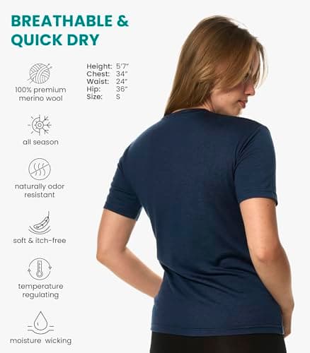 100% Merino Wool T Shirt Women - Merino Wool Base Layer Womens + Socks (Large, Navy) — view 2