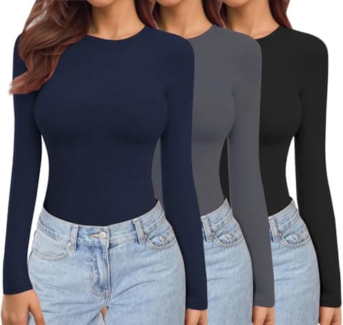 Ekouaer Womens Long Sleeve Tops Thermal Tee Black+Dark Grey+Navy Blue L