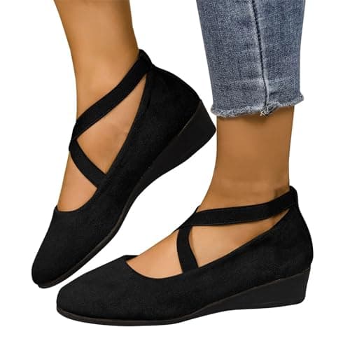 ziubauyke Women's Ballet Flats Closed Toe Crisscross Strap Wedge Shoes Comfy Summer Wide Fit Sole Stretchy Ankle Ballerina Ladies Comfy Dress Elegant Slip-On Pump Shoes Size 5 Black — view 2