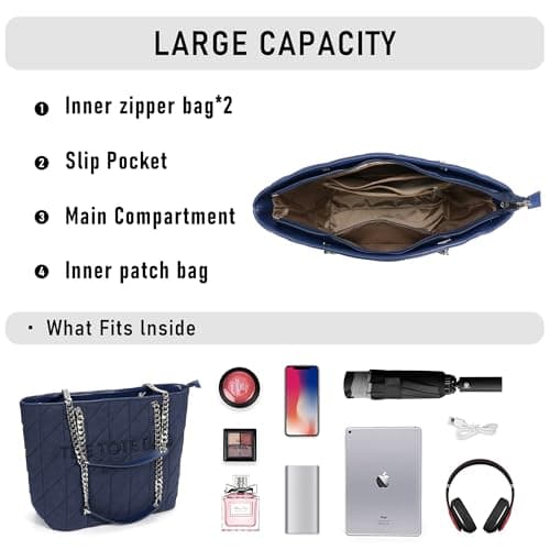 Chinllo Tote Bag for Women, Large Suede Quilted Top Handle Chains Handbags Purse (Es.Navy) — view 4