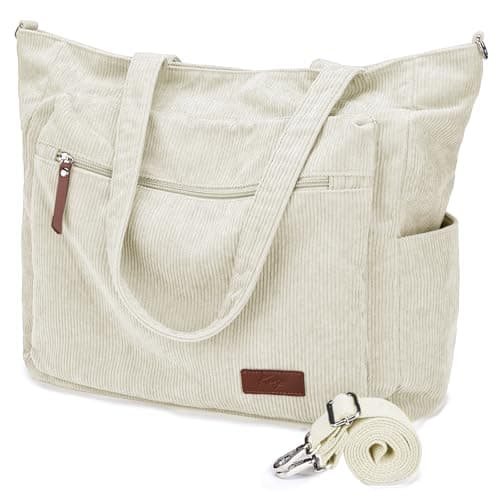 Kasgo Corduroy Tote Bag for Women, XXL 15.6" Laptop Work College Bag, Beige