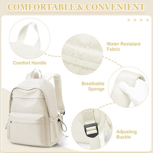 WEPLAN School Backpack Womens Secondary School Bag for Girls Boys Teenage College Rucksack Bag for Women Lightweight Casual Daypacks Bookbag Waterproof 14 inch Laptop Backpack Work Travel,F3-Beige — view 3