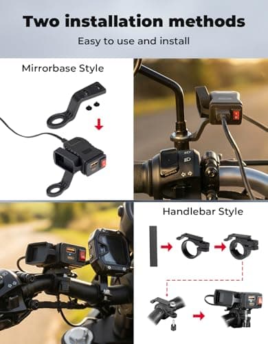 KEMIMOTO Motorcycle USB Charger with USB-C and USB-A Ports, 61-Inch Extra-Long IP66 Waterproof Cable, 30W 3.0 Fast Charging for Phone GPS, On/Off Switch, SAE 5A Fuse, Fits 7/8" Handlebars — view 2